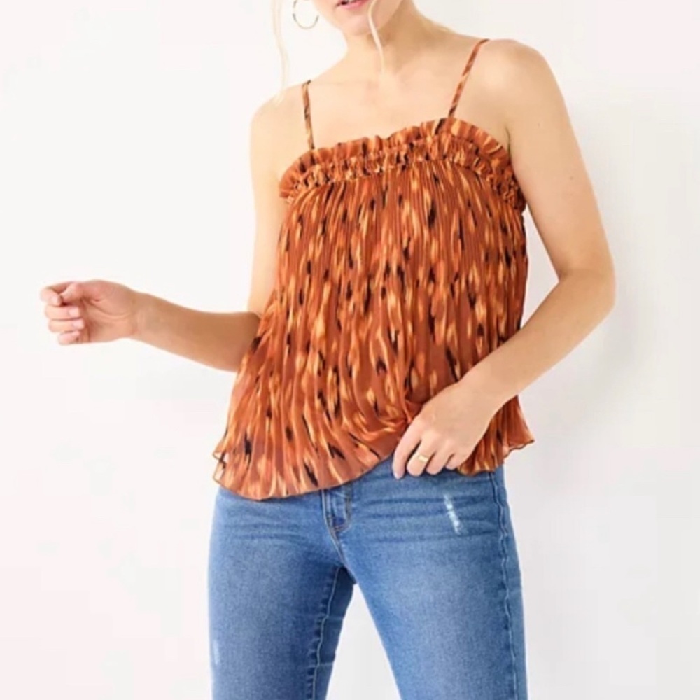Nine West Pleated Brown Watercolor Spaghetti Strap Smocked Relaxed Fit Tank Sz M